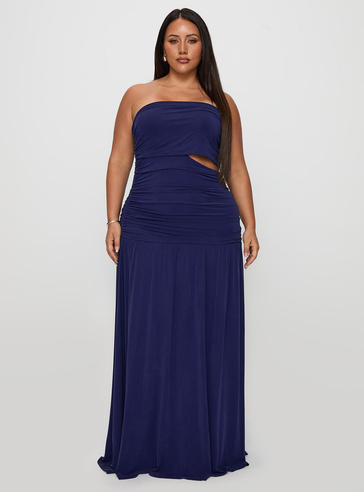front view of model wearing Princess Polly Grandeur Strapless Maxi Dress Navy Curve Straight Neck 