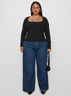 side view of model wearing Princess Polly Baseline Long Sleeve Top Black Curve Full Sleeves Square Neck 