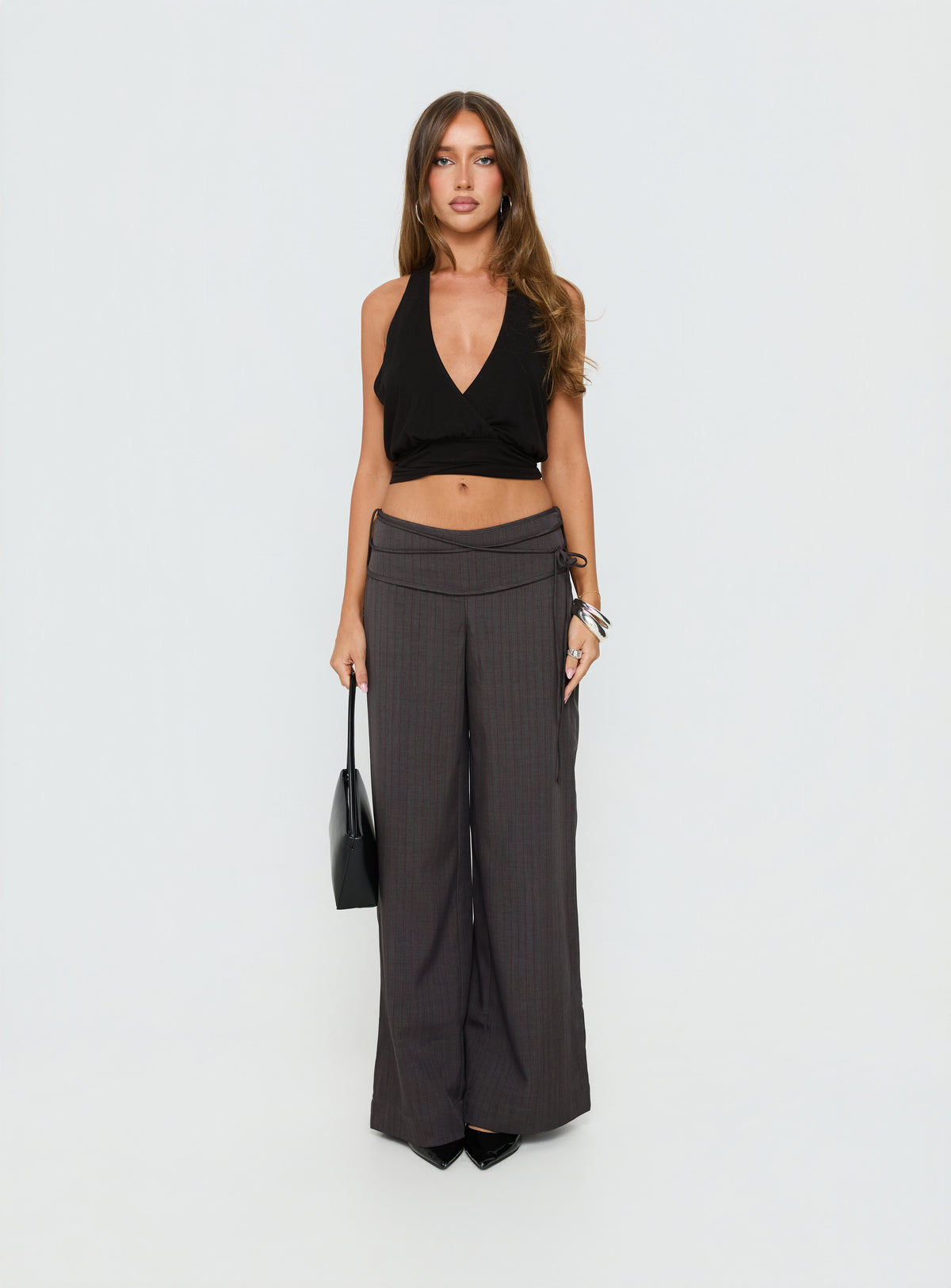 back view of model wearing Princess Polly Silver Moon Tie Pants Charcoal Mid Rise Pants Pants 