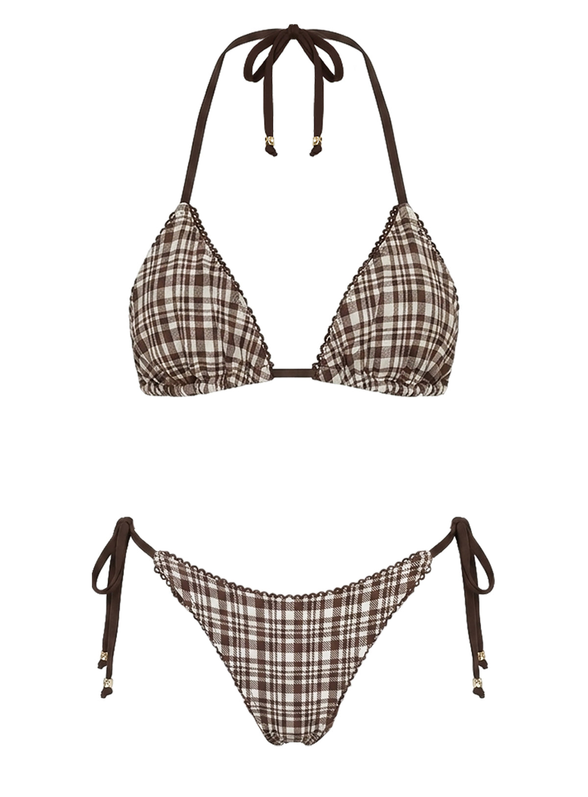 Glora Tie Side Ribbed Bikini Bottom Brown Check