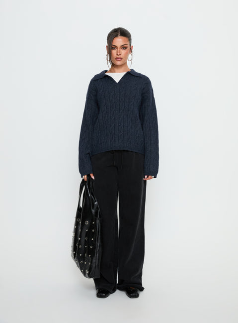 front view of model wearing Princess Polly Brodey Collared Cable Knit Sweater Navy Jumpers 