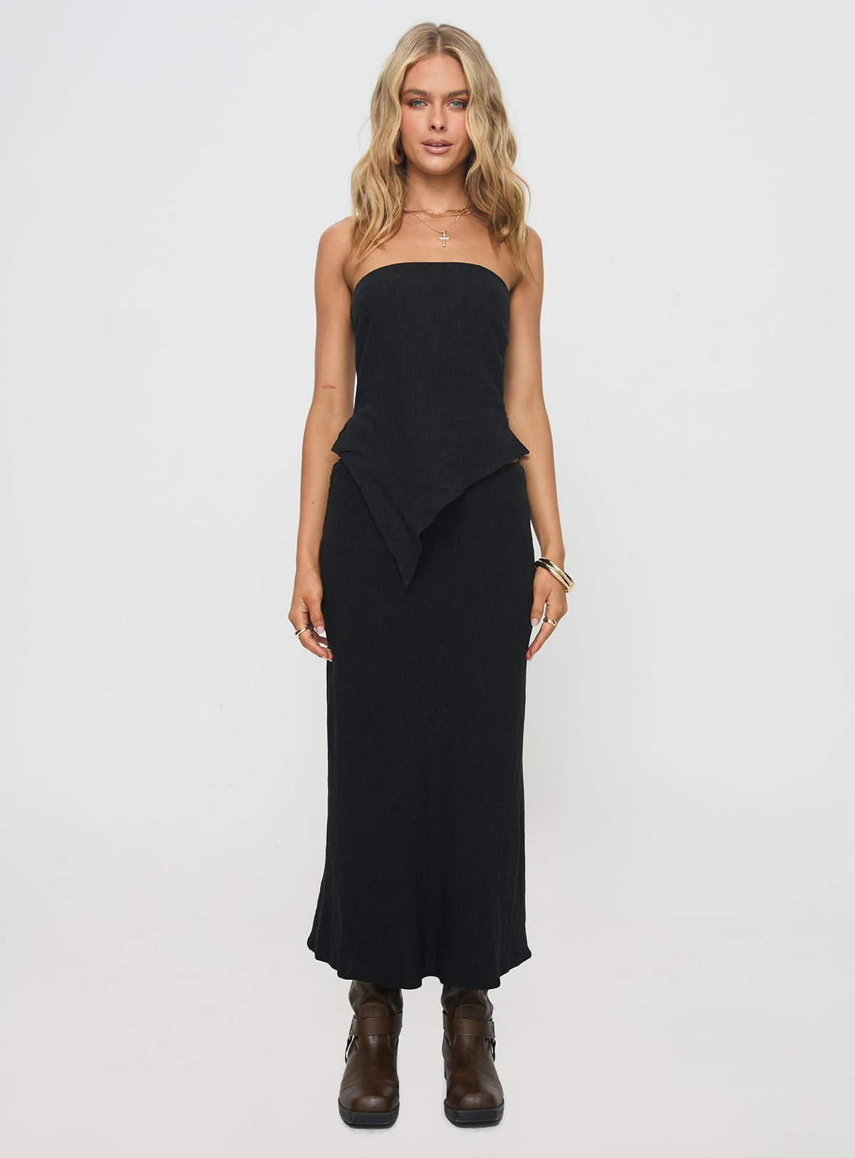 back view of model wearing Princess Polly Ermias Linen Blend Midi Skirt Black Midi Skirts Skirts 
