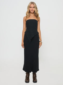 back view of model wearing Princess Polly Ermias Linen Blend Midi Skirt Black Midi Skirts Skirts 