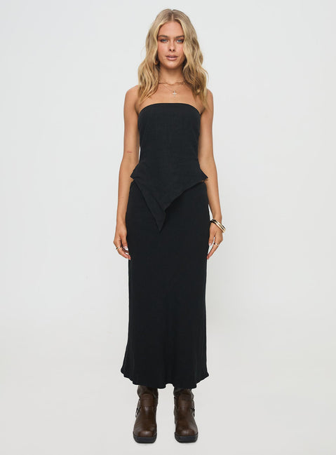 back view of model wearing Princess Polly Ermias Linen Blend Midi Skirt Black Midi Skirts Skirts 