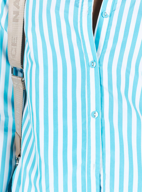 Matching set Striped print Classic collar Button front fastening Single-button cuff High waisted shorts  Drawstring waistband
