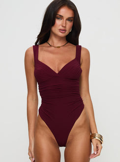 front view of model wearing Princess Polly Morgane Mesh Bodysuit Burgundy Sleeveless Bodysuit 