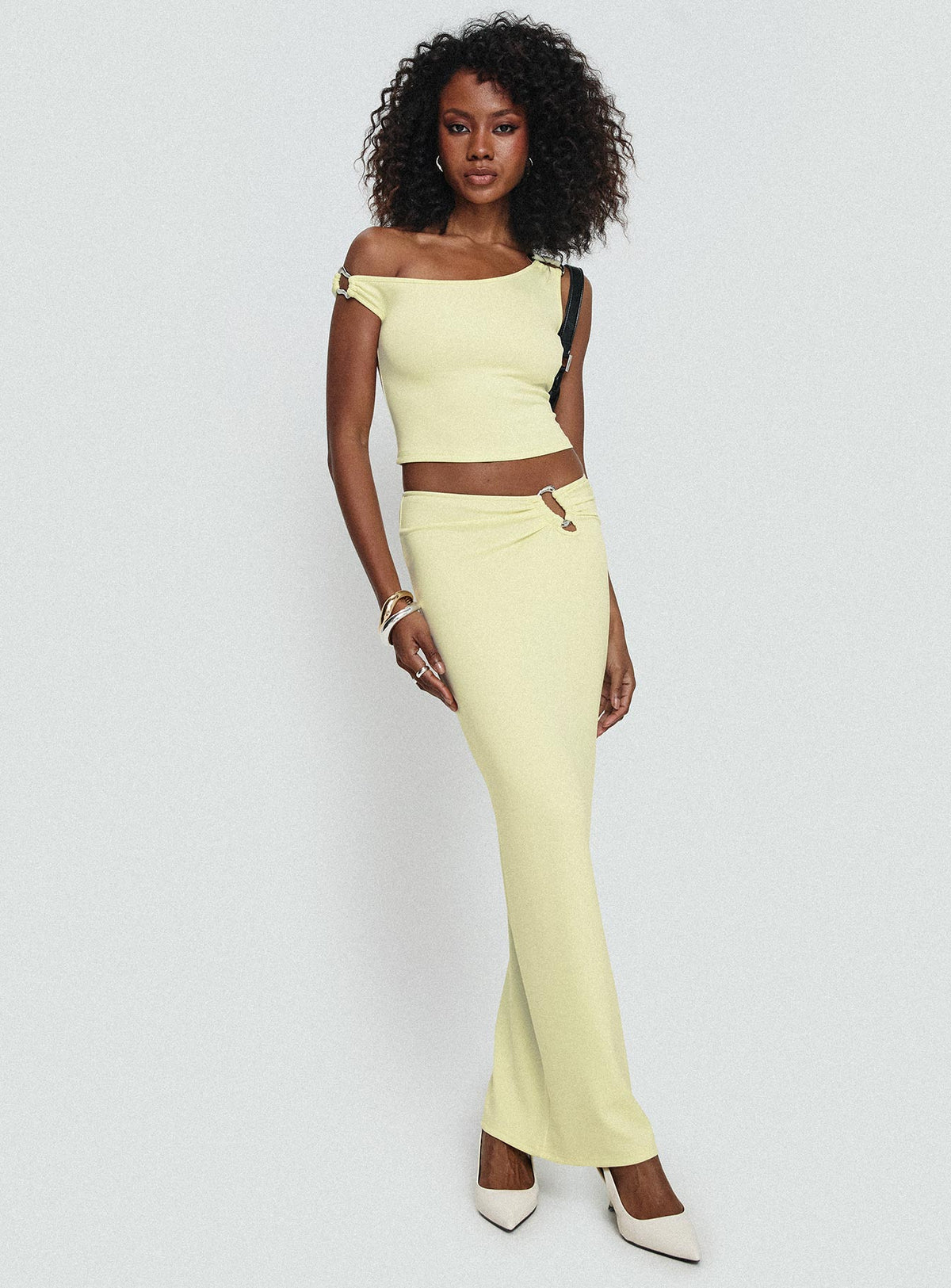   front view of model wearing Princess Polly Whiley Maxi Skirt Cream Maxi Skirts Skirts 