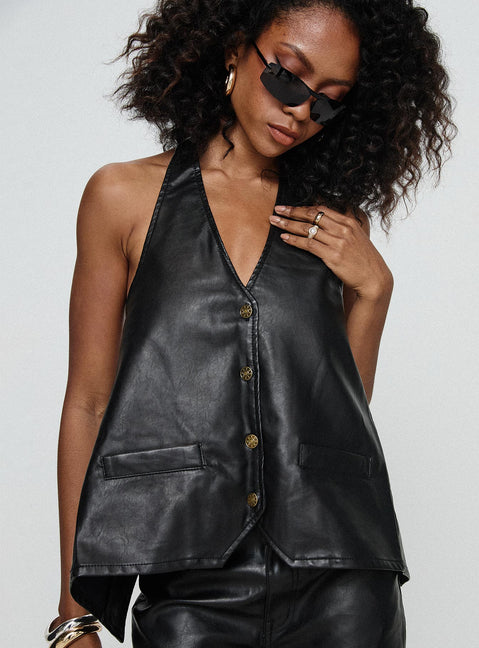front view of model wearing Princess Polly Hills Halter Onyx Sleeveless V-Neck 
