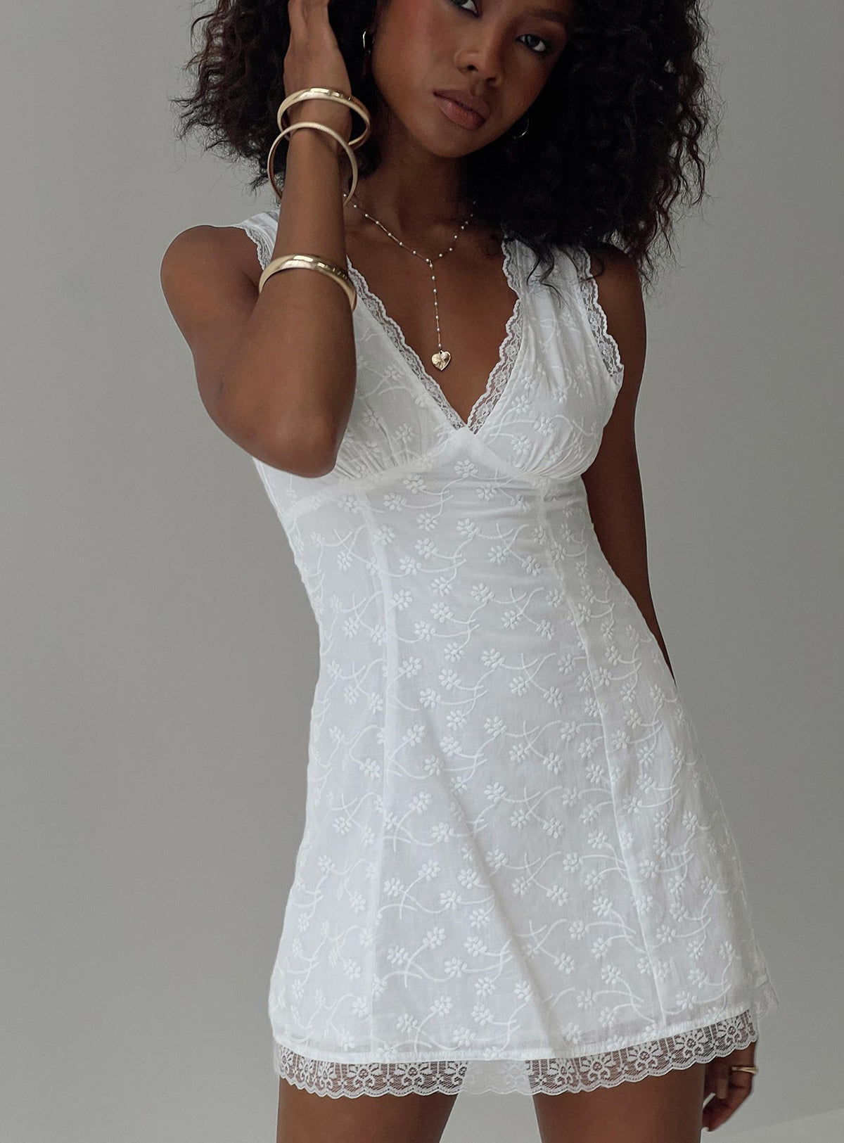front view of model wearing Princess Polly Gimmie Mini Dress White V-Neck 