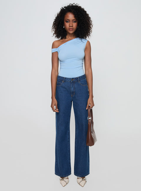 front view of model wearing Princess Polly Beller Bodysuit Blue Short Sleeve Bodysuit 