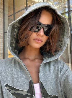 Featuring the Chelzie Zip Through Graphic Hoodie Grey Marle / Camo in womens jumpers with oversized fit, hood details, camo print, and short length on-body Princess Polly