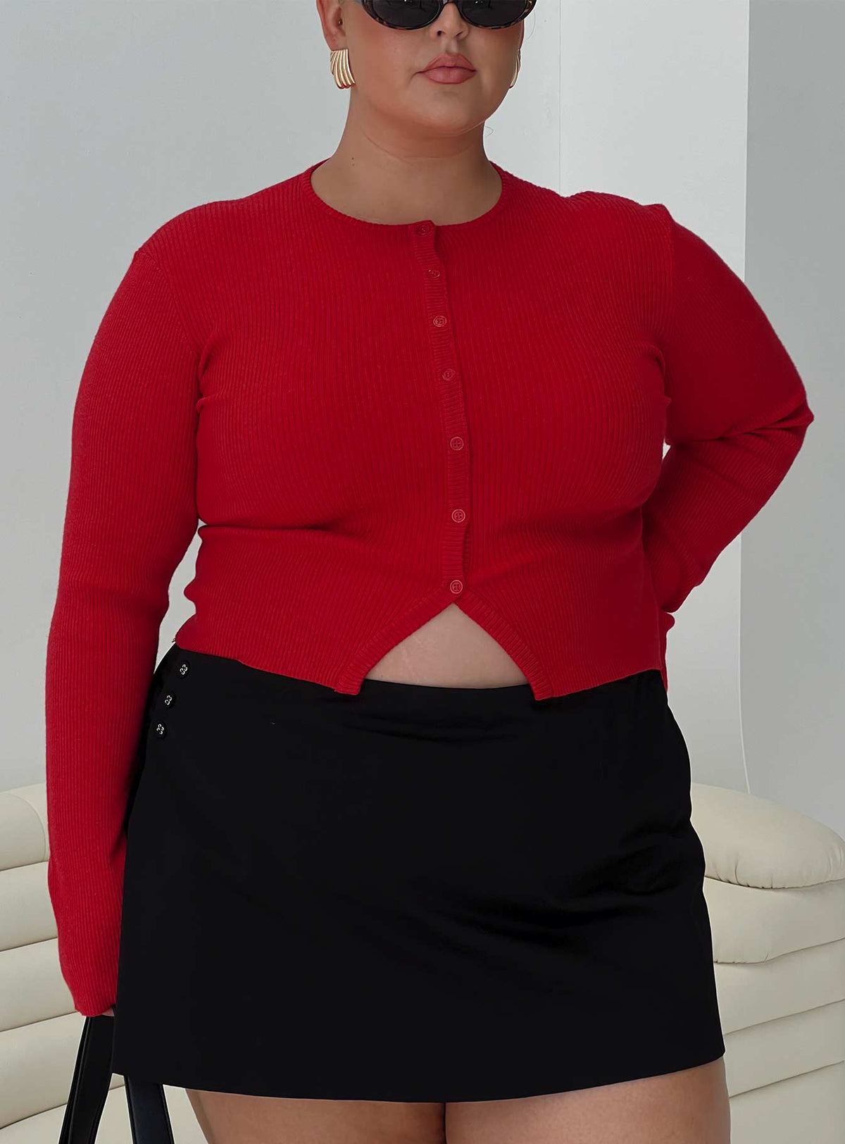 front view of model wearing Princess Polly Suzu Long Sleeve Top Red Curve Full Sleeves Crew Neck 