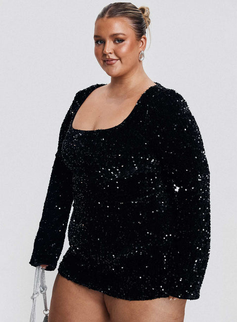 front view of model wearing Princess Polly Vinelle Long Sleeve Mini Dress Black Curve Square Neck 