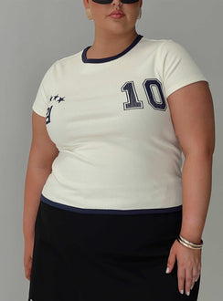 back view of model wearing Princess Polly Track Record Graphic Top Cream Curve Short Sleeves Crew Neck 