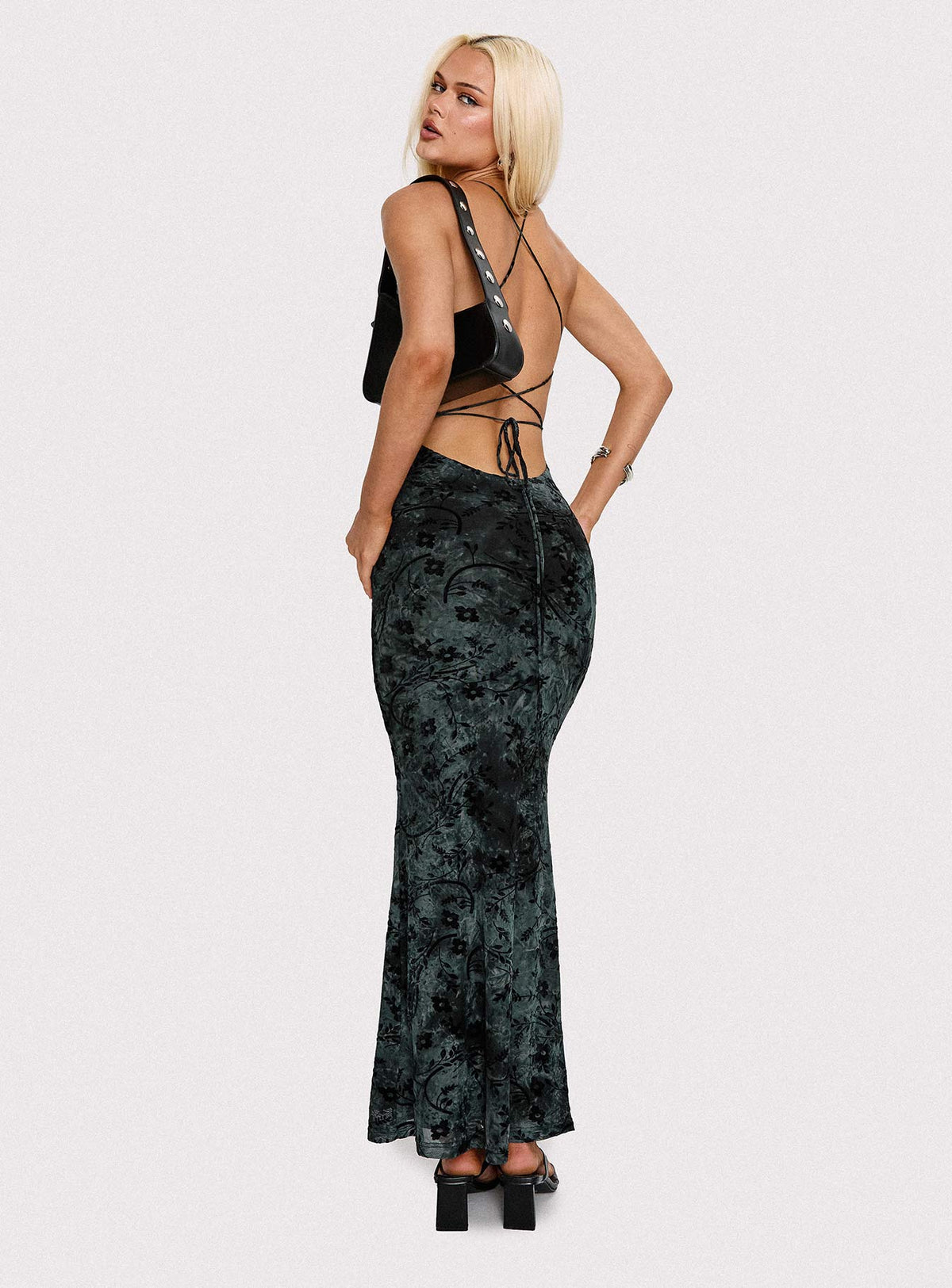 back view of model wearing Princess Polly Giorgiana Maxi Dress Black Cowl Neck 