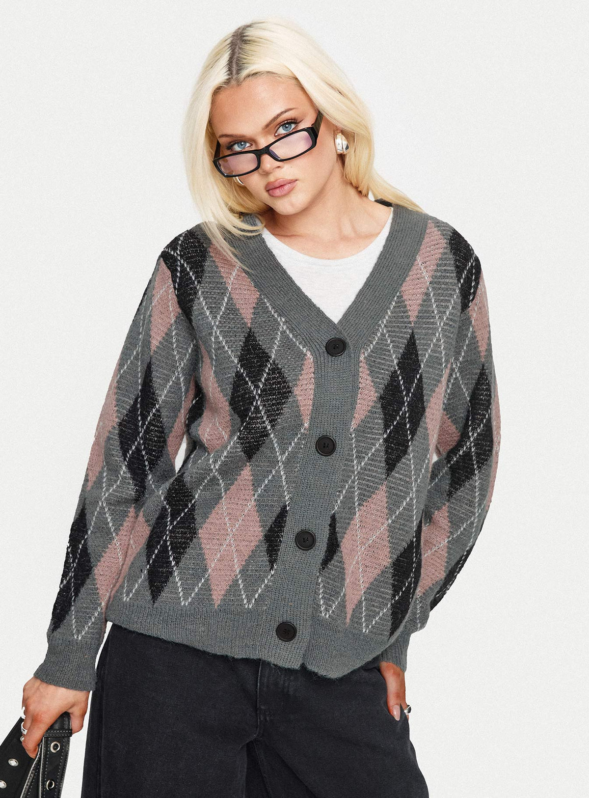 front view of model wearing Princess Polly Zeeva Button Through Knit Cardigan Grey Argyle Longline Jumpers Jumpers 