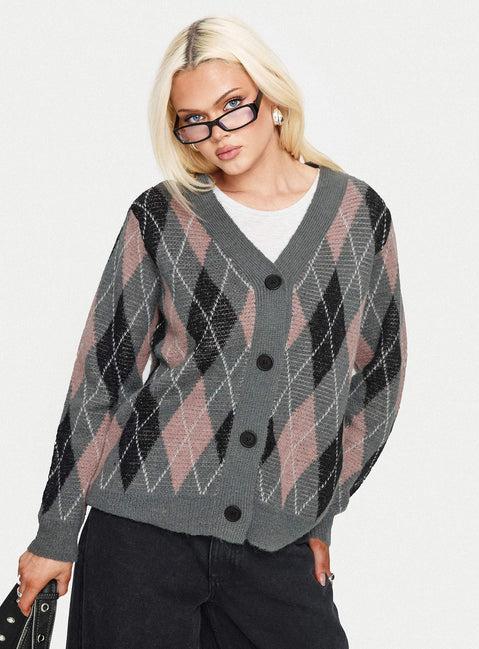front view of model wearing Princess Polly Zeeva Button Through Knit Cardigan Grey Argyle Longline Jumpers Jumpers 
