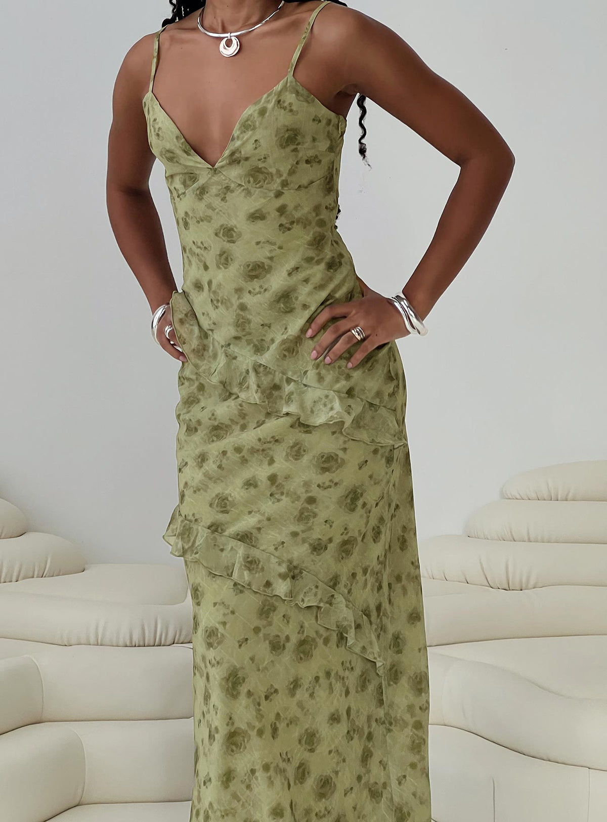 front view of model wearing Princess Polly Teffoli Maxi Dress Green Plunger 