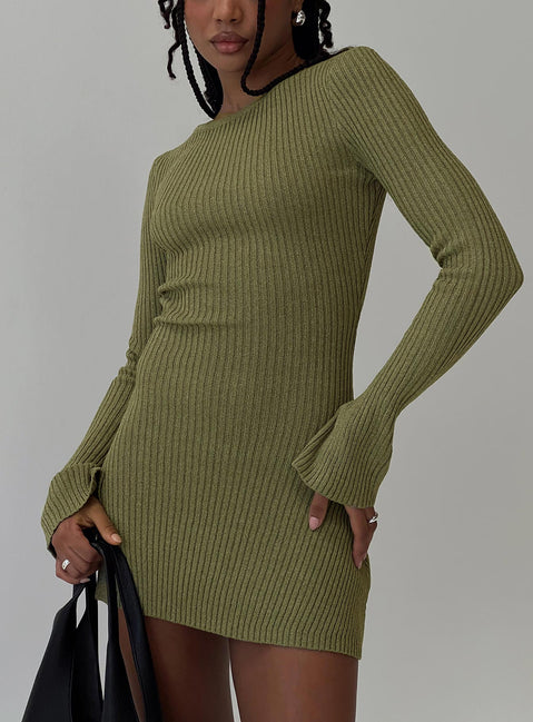 front view of model wearing Princess Polly Osment Long Sleeve Knit Mini Dress Olive Boat Neck 