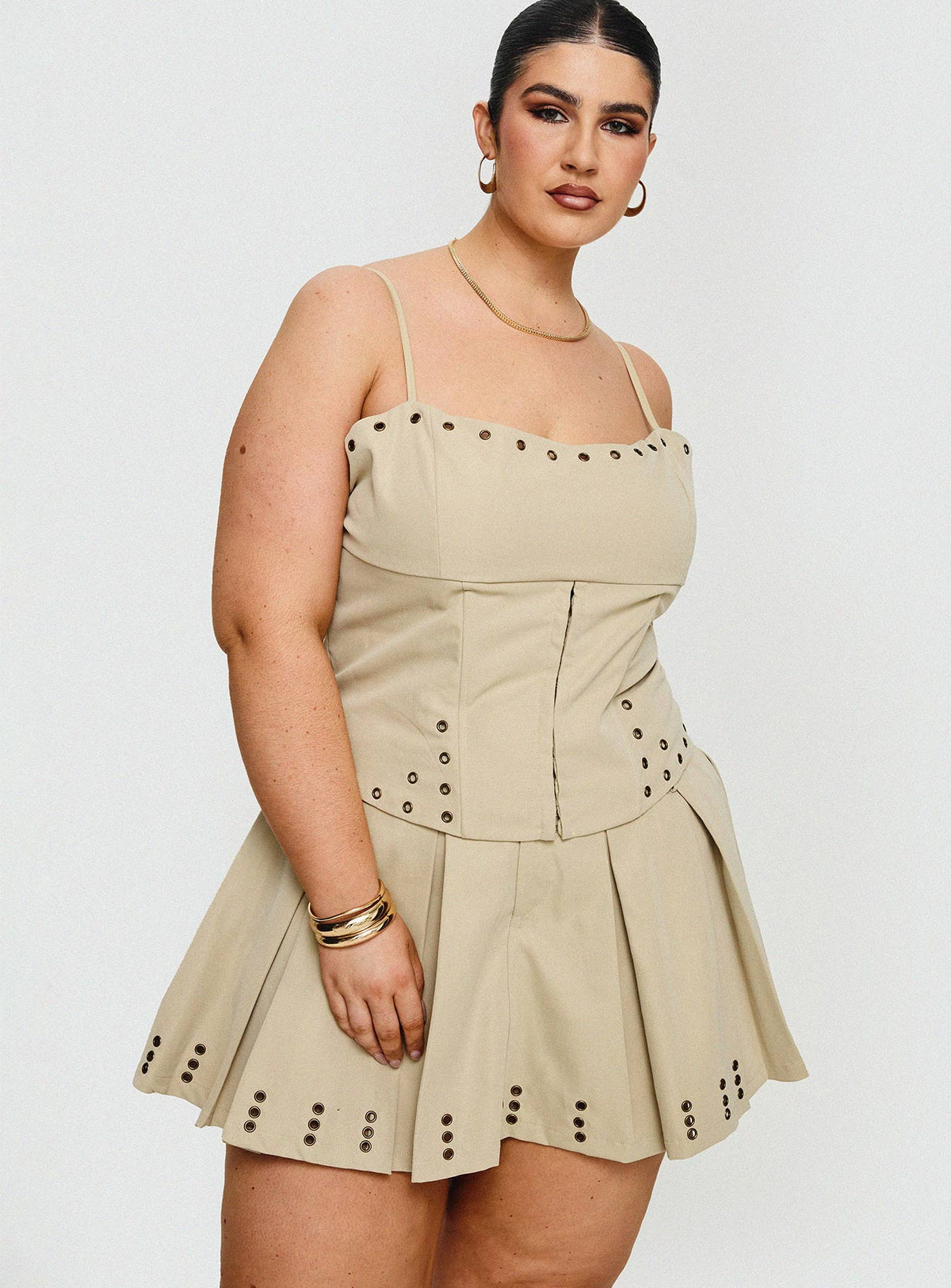back view of model wearing Princess Polly Alinzia Eyelet Corset Top Beige Curve Sleeveless Square Neck 