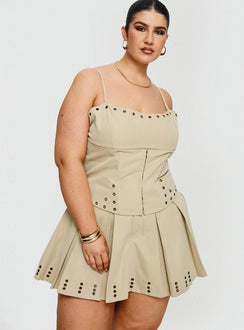 back view of model wearing Princess Polly Alinzia Eyelet Corset Top Beige Curve Sleeveless Square Neck 