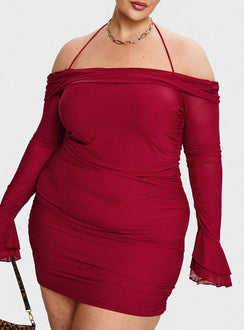 front view of model wearing Princess Polly Taylon Off The Shoulder Mini Dress Red Curve Straight Neck 