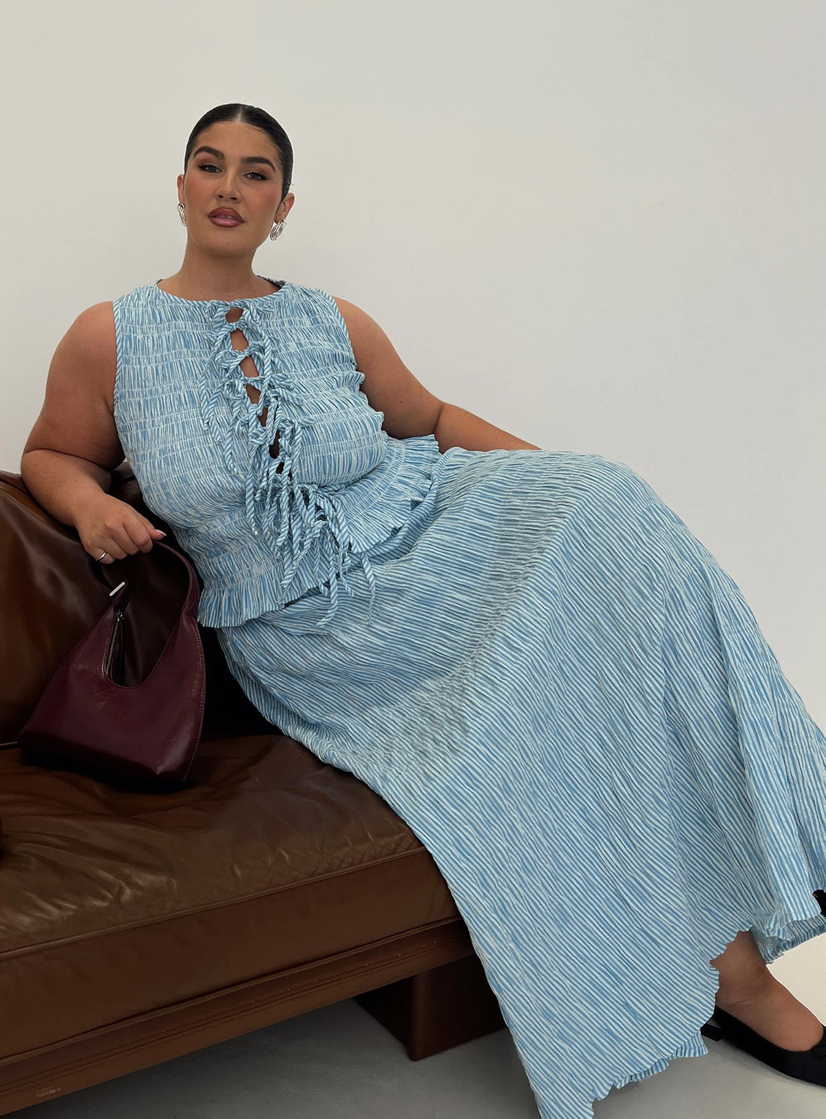 front view of model wearing Princess Polly Songbird Shirred Maxi Dress Blue Curve Crew Neck 