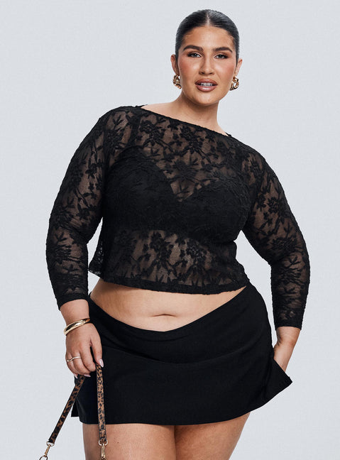 front view of model wearing Princess Polly Martine Sheer Top Black Curve Full Sleeves Boat Neck 
