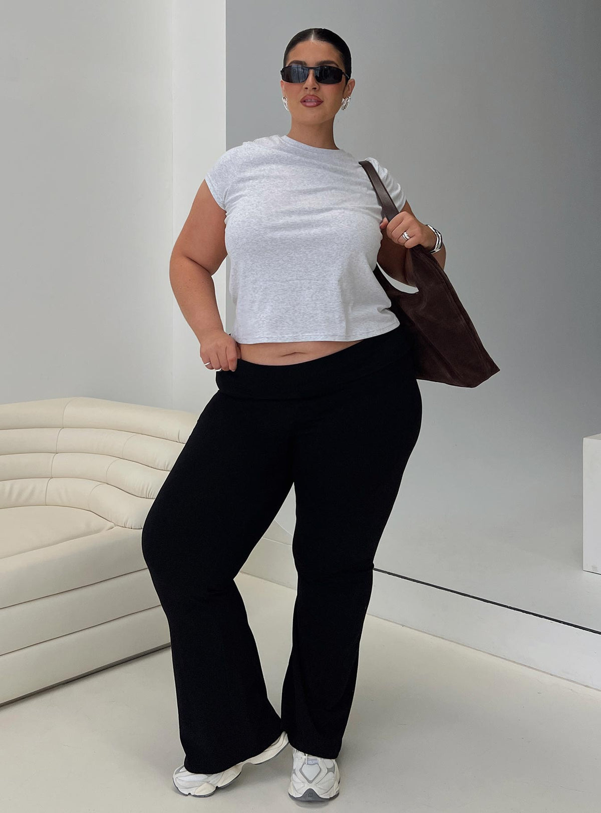 side view of model wearing Princess Polly Movement Yoga Pant Black Curve High Rise Pants Pants 