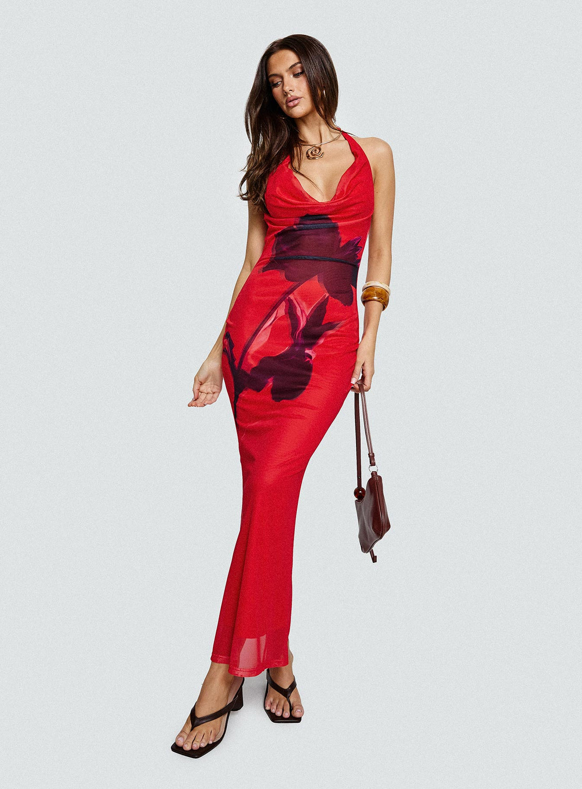 side view of model wearing Princess Polly Bittersuite Cowl Maxi Dress Multi Cowl Neck 