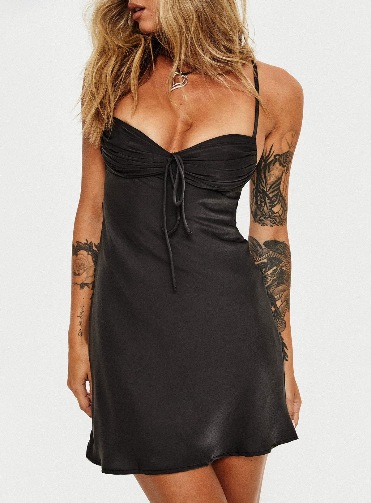 back view of model wearing Princess Polly Glendon Mini Dress Black Sweetheart Neckline 