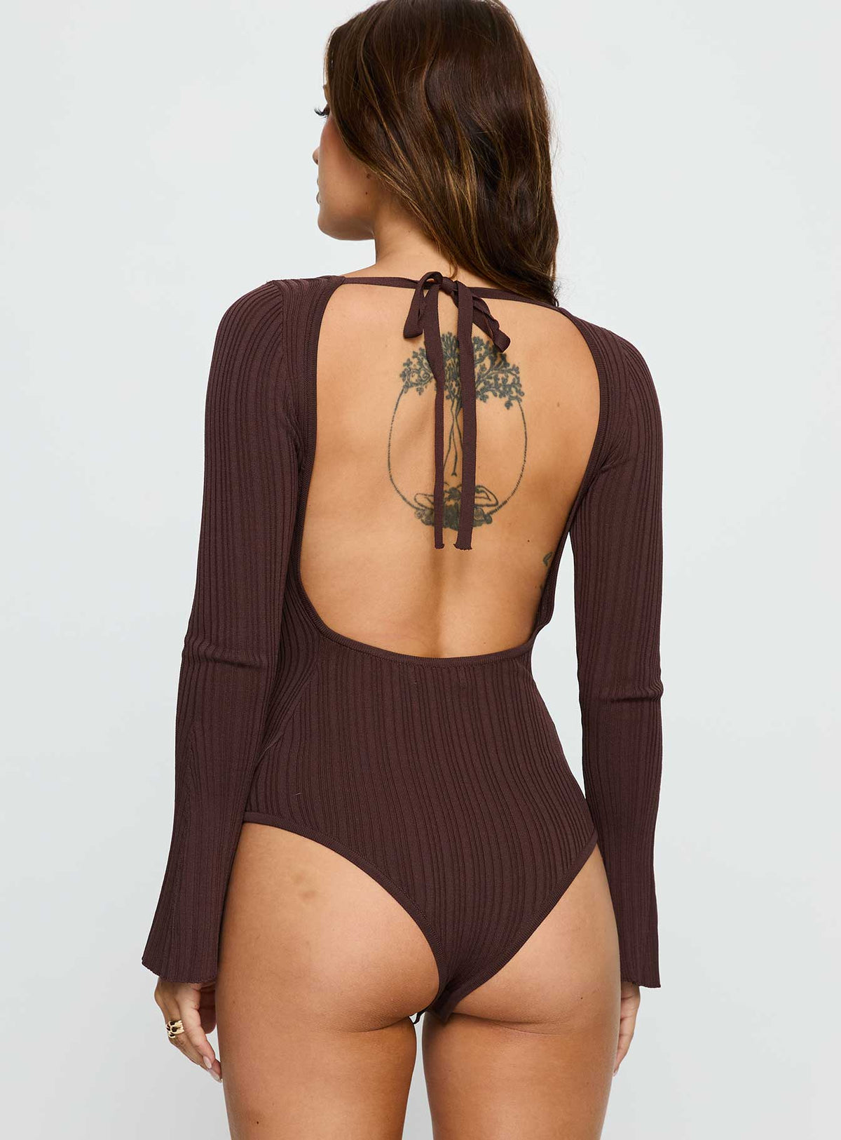 back view of model wearing Princess Polly Mayok Long Sleeve Bodysuit Brown Long Sleeve Tops Bodysuit 