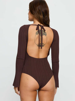 back view of model wearing Princess Polly Mayok Long Sleeve Bodysuit Brown Long Sleeve Tops Bodysuit 