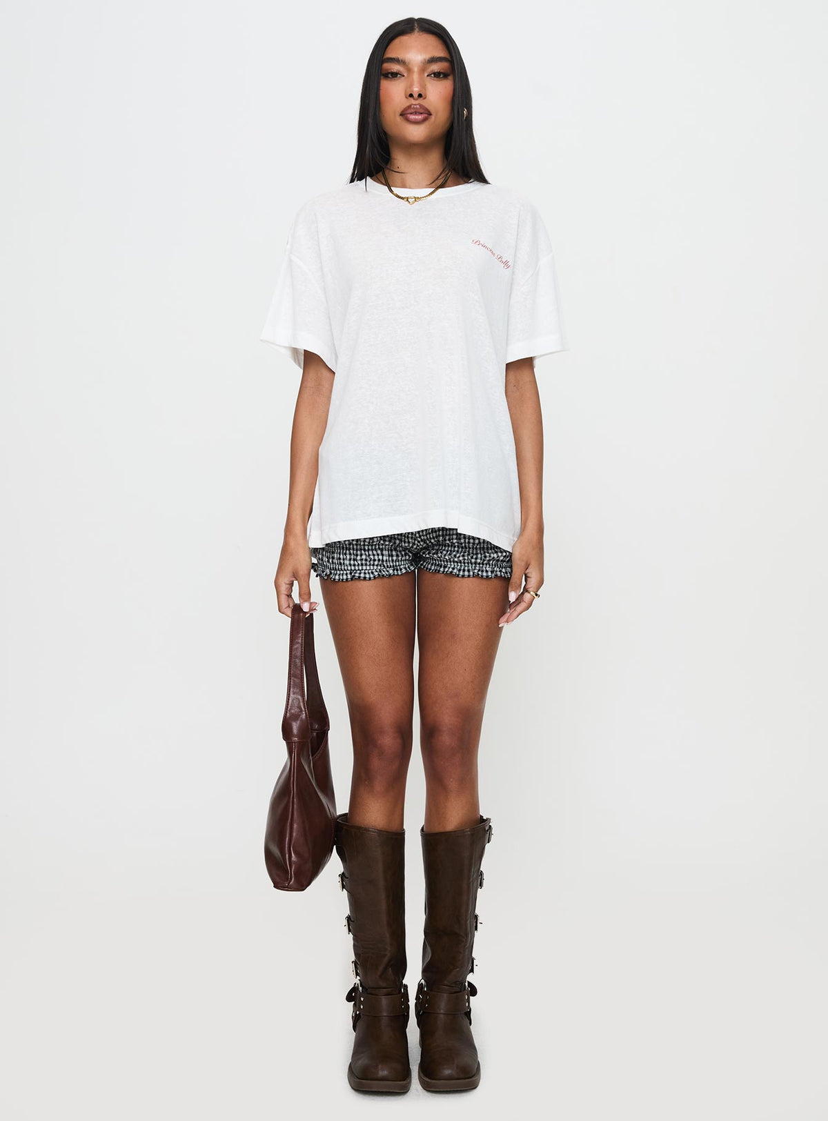 front view of model wearing Princess Polly Bakery Caked Oversized Tee Cream Half Sleeves Crew Neck 