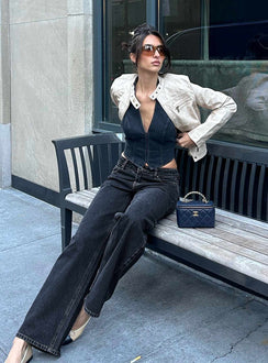 front view of model wearing Princess Polly Top Model Low Rise Straight Leg Jeans Charcoal High Rise Jeans Jeans 