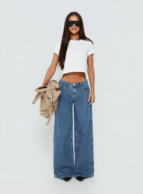 Ramos Low Rise Wide Leg Denim Jeans Mid Blue Wash