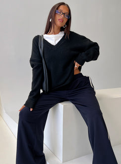 front view of model wearing Princess Polly Stay The Night V Neck Knit Sweater Black Jumpers 