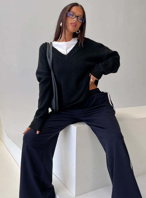 front view of model wearing Princess Polly Stay The Night V Neck Knit Sweater Black Jumpers 