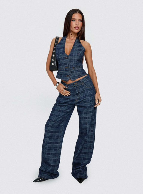 front view of model wearing Princess Polly Top Model Low Rise Straight Leg Jeans Indigo Plaid Mid Rise Jeans Jeans 