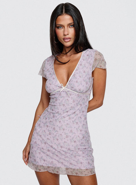 front view of model wearing Princess Polly Bopeep Mini Dress Lilac Plunger 