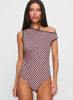 front view of model wearing Princess Polly Ayviana One Shoulder Bodysuit Pink / Brown Stripe Sleeveless Bodysuit 