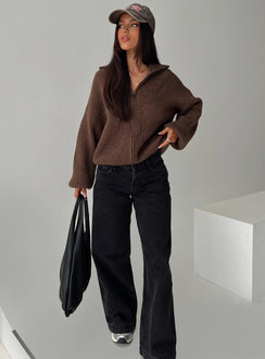 front view of model wearing Princess Polly Hertford Zip Through Knit Sweater Brown Jumpers 