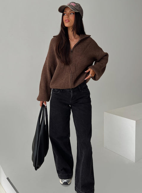 front view of model wearing Princess Polly Hertford Zip Through Knit Sweater Brown Jumpers 
