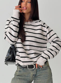 back view of model wearing Princess Polly Souvenirs Knit Sweater Grey Stripe Jumpers 