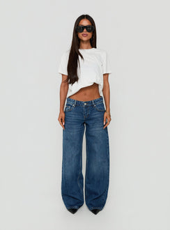 Featuring the Ellanor Low Rise Straight Leg Jeans Vintage Dark Blue in womens-jeans with low-rise waist front view of model wearing Princess Polly