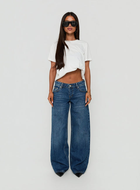 Featuring the Ellanor Low Rise Straight Leg Jeans Vintage Dark Blue in womens-jeans with low-rise waist front view of model wearing Princess Polly