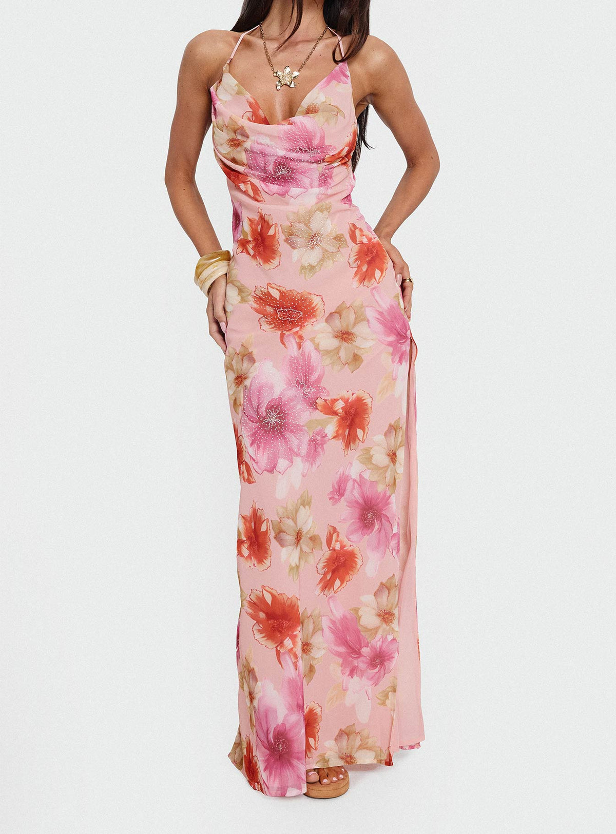 Sibellah Beaded Cowl Neck Maxi Dress Pink Multi