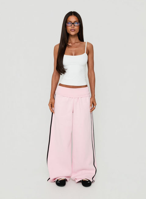 Lockie Foldover Baggy Track Pants Pink / Black womens regular pants with high-rise waist front view of model wearing Princess Polly