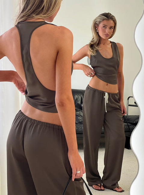 Highlighting the ivory tie belt detail on Dialled Up Satin Pants Mocha womens regular mid-rise wide-leg Princess Polly