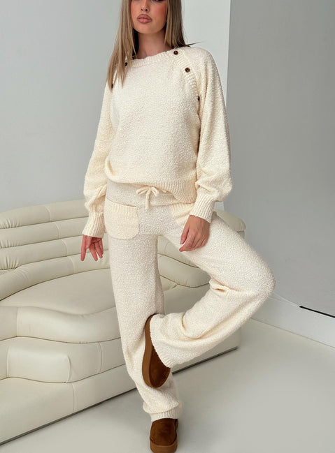 side view of model wearing Princess Polly Susi Fluffy Knit Pant Ivory High Rise Pants Pants 